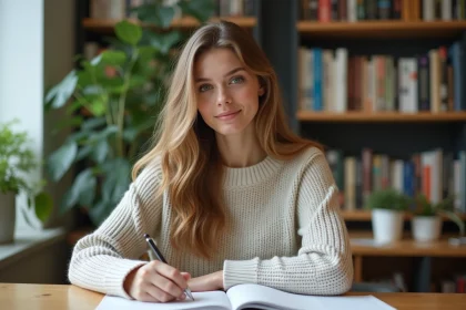 Jeune femme écrivant dans un carnet dans un espace lumineux