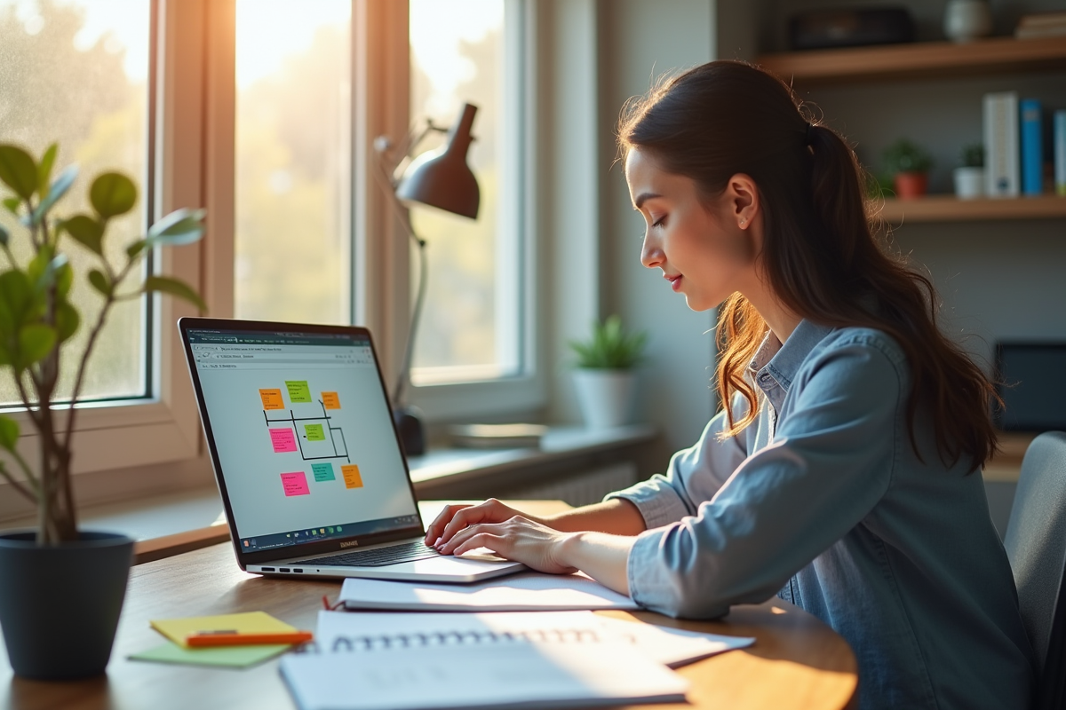 Jeune femme étudiant avec ordinateur et notes colorées