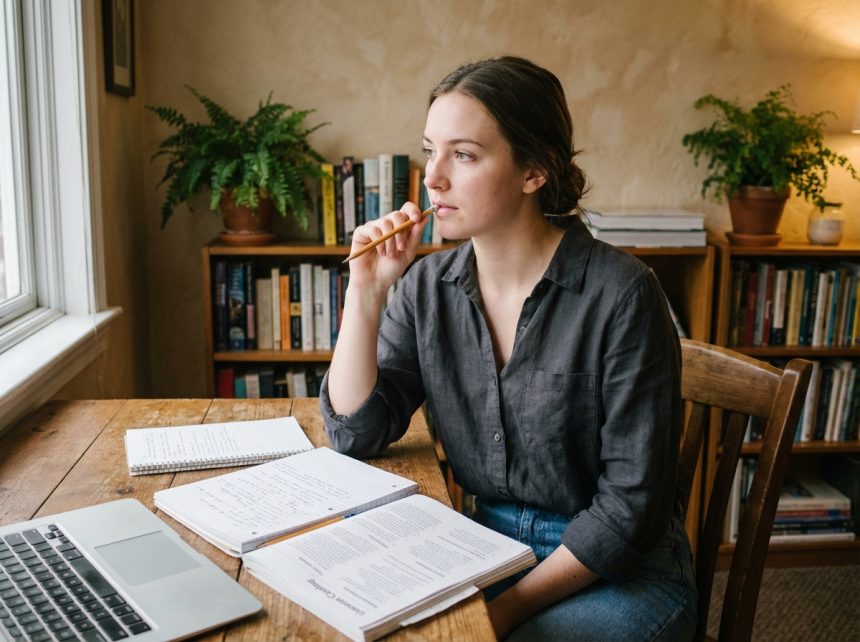 Jeune femme pensante en étude avec notebooks et ordinateur