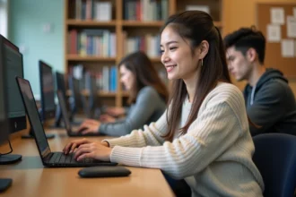 Jeune femme concentrée sur son ordinateur dans un laboratoire universitaire