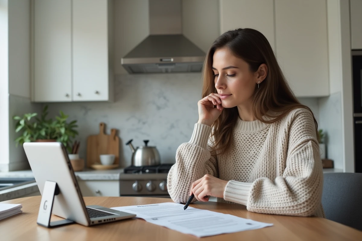 Jeune femme remplissant un formulaire en ligne sur la plateforme e-service UHA depuis chez elle sur une tablette