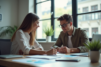 Jeune femme et jeune homme collaborant au bureau pour un projet marketing