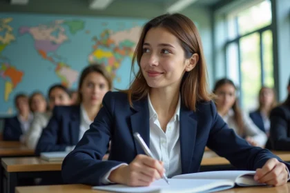 Jeune femme en formation tourisme prend des notes en classe