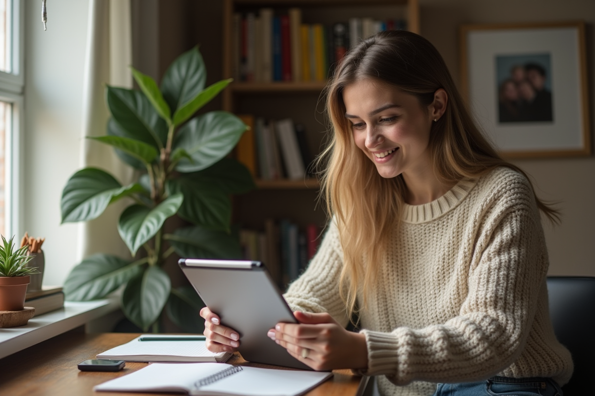 Jeune femme utilisant une tablette à la maison