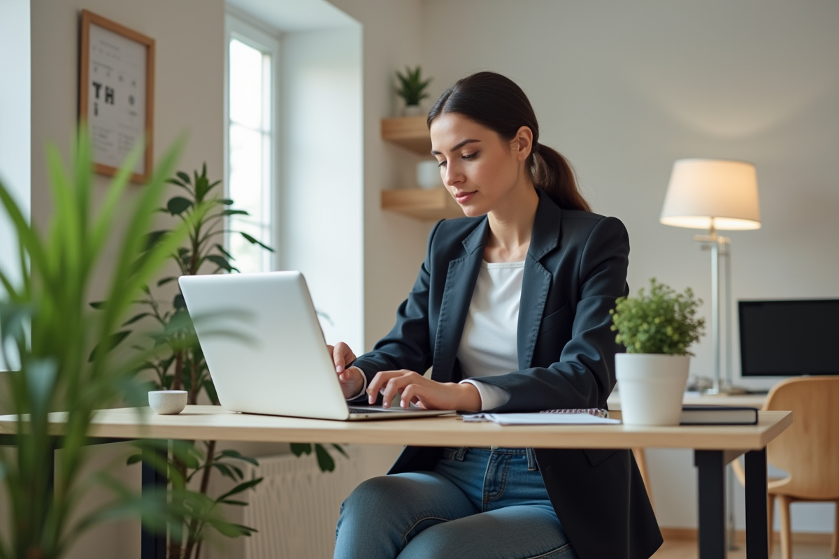 Jeune femme en télétravail avec tablette et carnet
