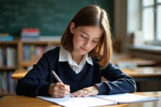 Jeune fille concentrée en classe avec cahier et livres
