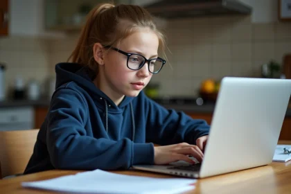 Jeune fille concentrée sur son ordinateur portable à la cuisine