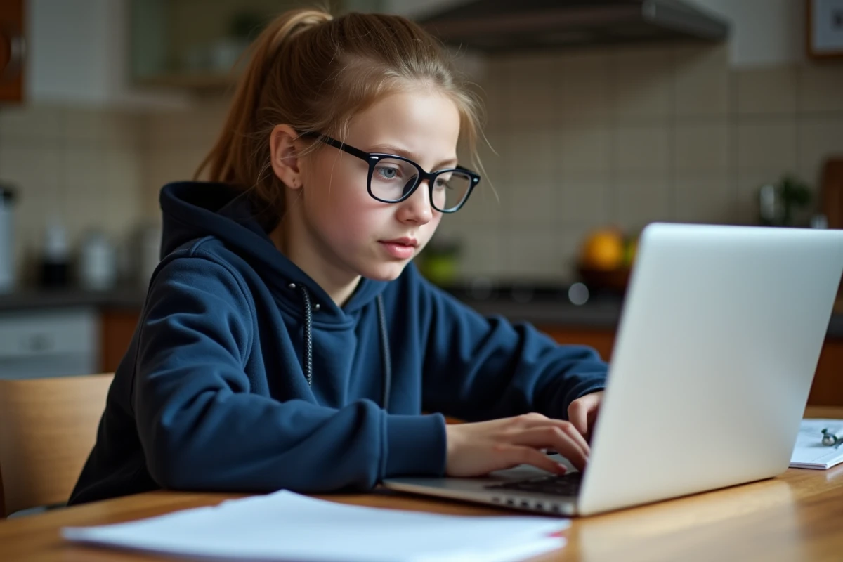 Jeune fille concentrée sur son ordinateur portable à la cuisine