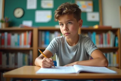 Garçon concentré en test IQ dans une salle de classe