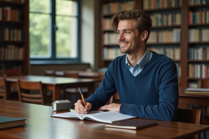 Jeune homme en bibliothèque souriant en écrivant