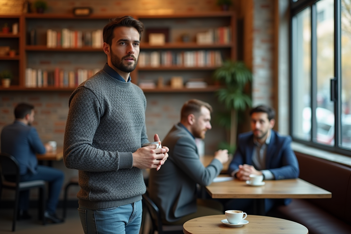 Jeune homme parlant dans un café chaleureux
