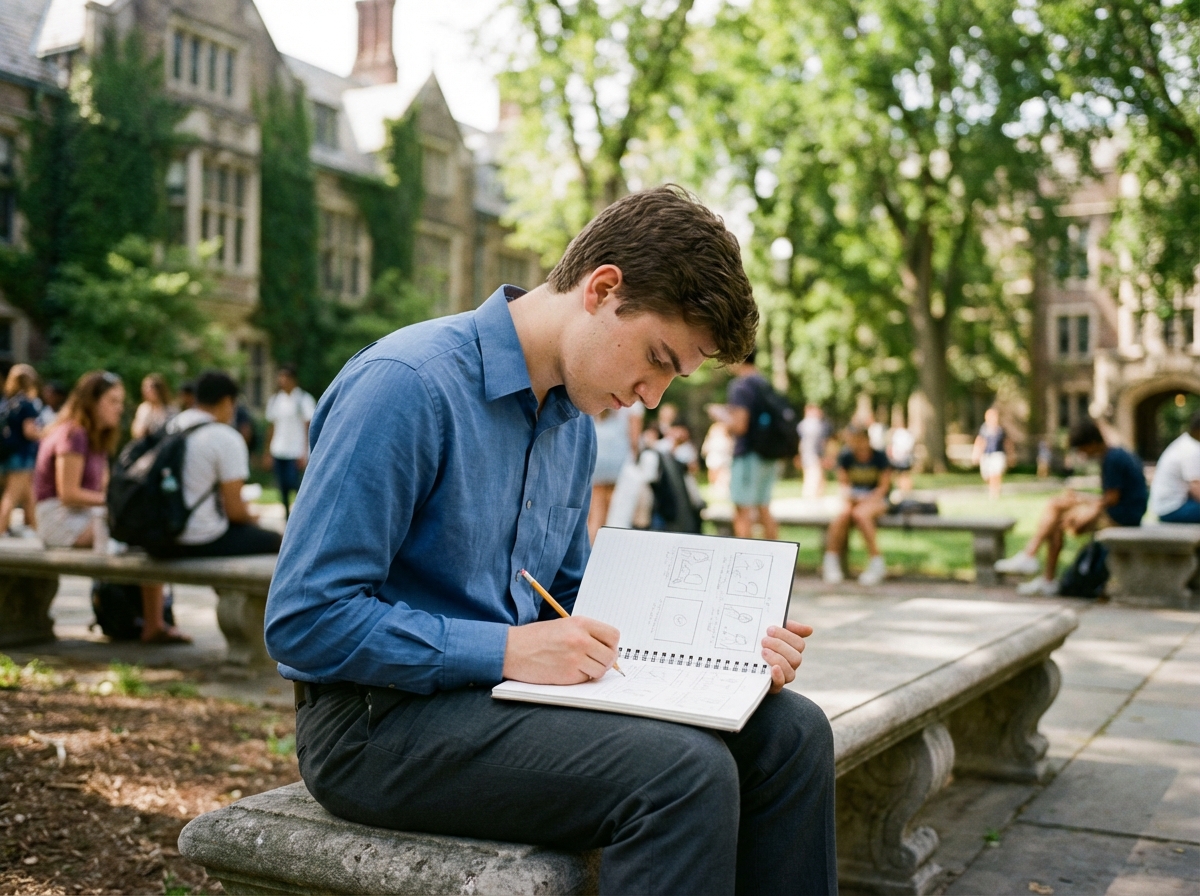 Jeune homme esquissant un storyboard en plein air