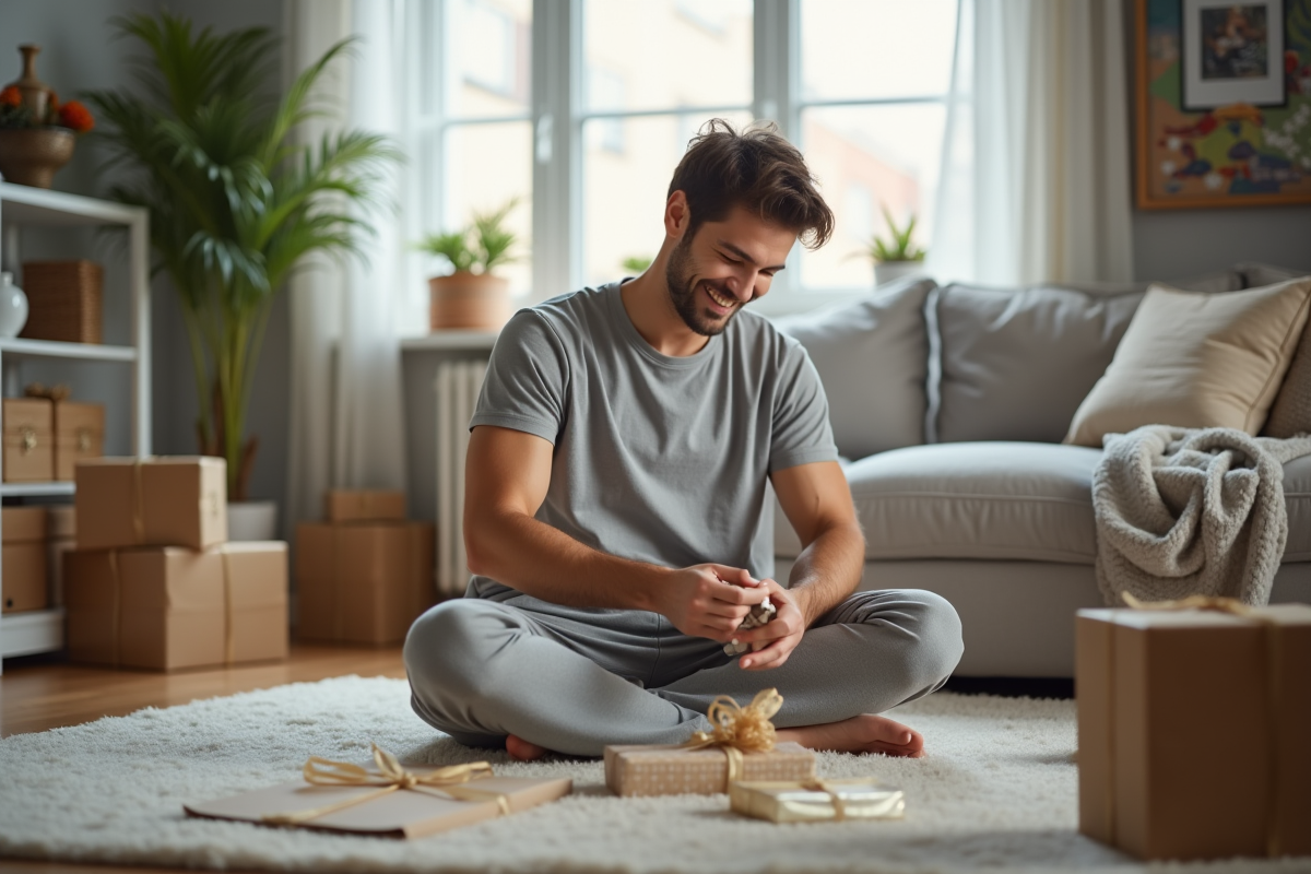 Jeune homme emballant des articles dans le salon
