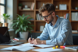 Jeune homme concentré à son bureau d'étude moderne