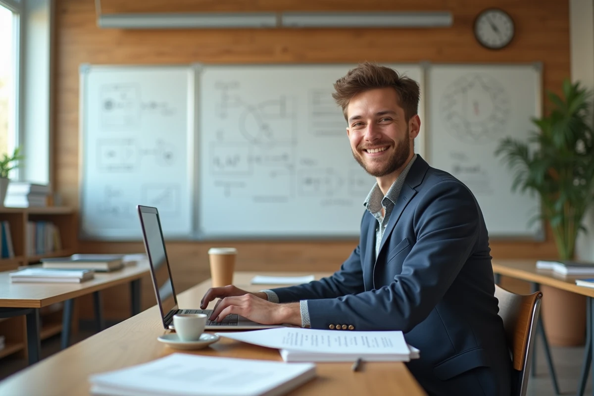 Jeune homme concentré dans une salle de classe moderne