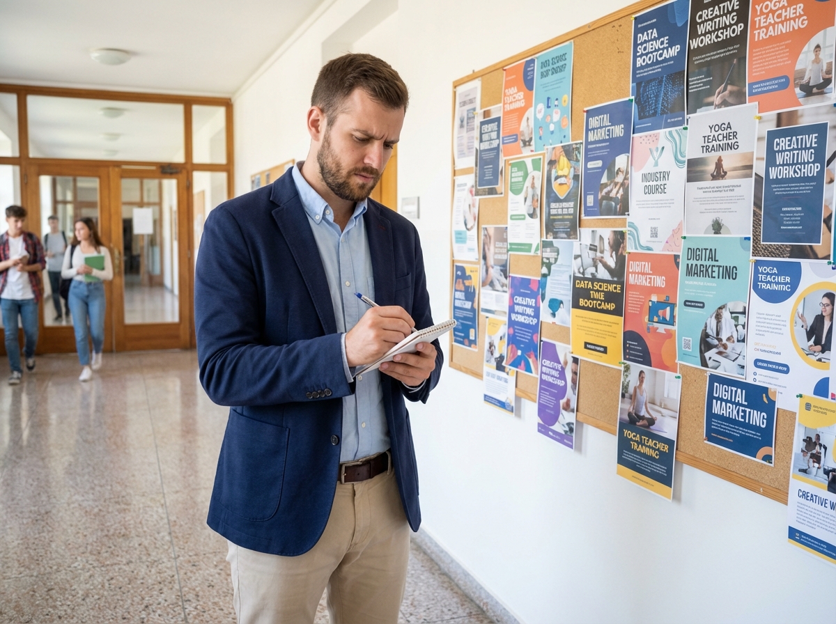 Jeune homme noteur devant panneau de formations universitaires