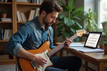 Jeune homme jouant de la guitare avec tablette dans un intérieur