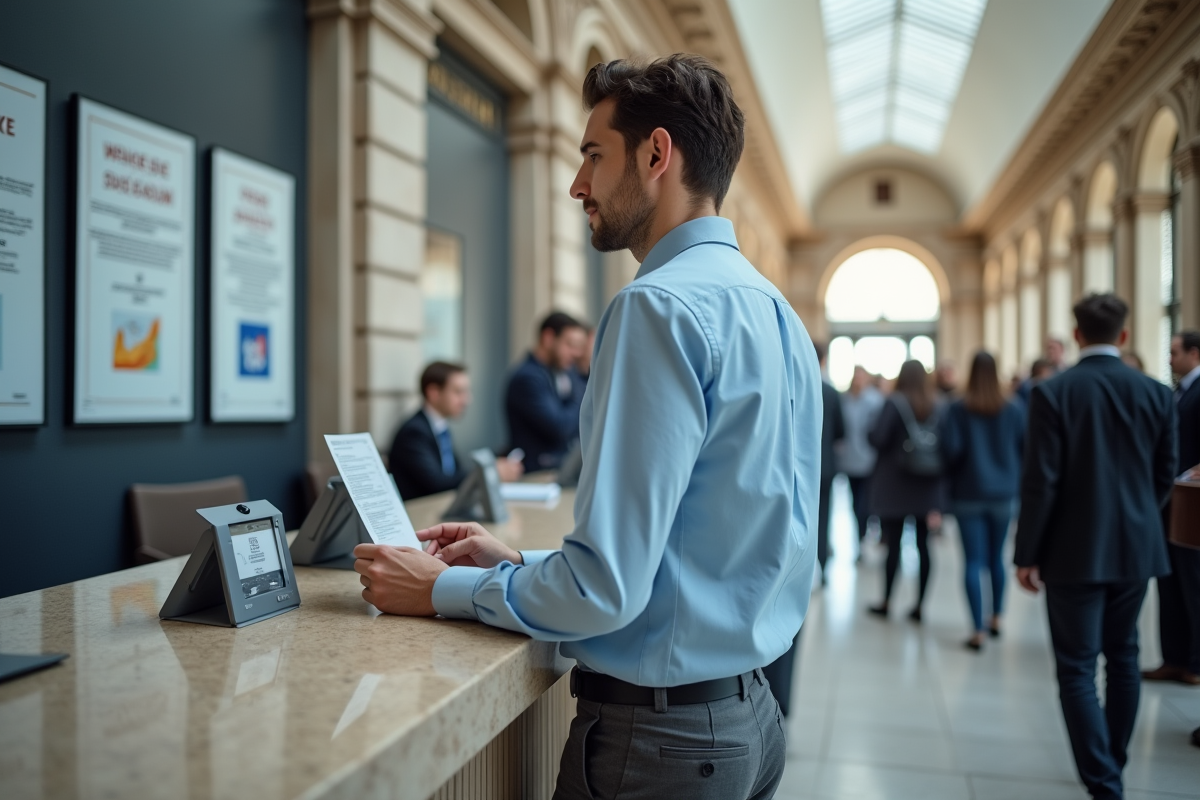Jeune homme français au guichet d