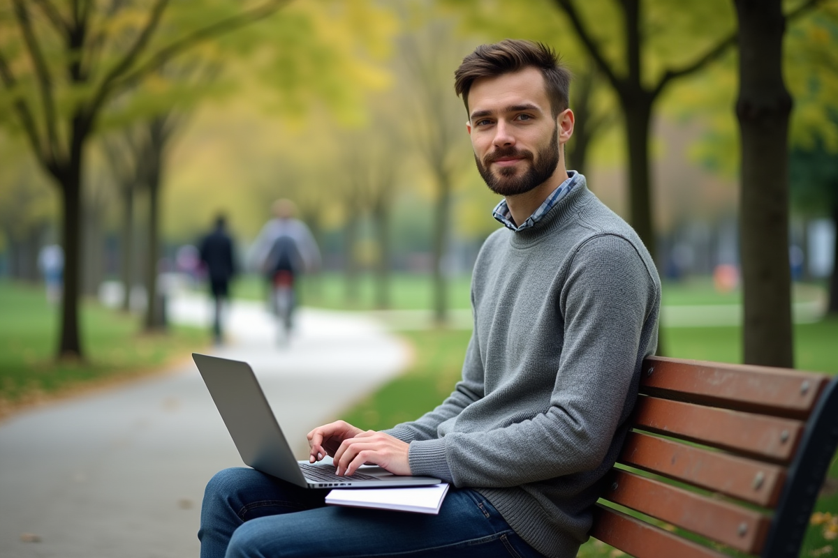Jeune homme assis sur un banc de parc avec ordinateur portable