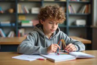 Jeune garçon construisant une pyramide en plastique en classe