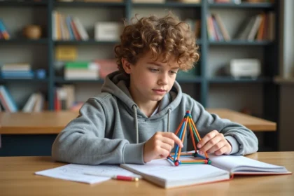 Jeune garçon construisant une pyramide en plastique en classe