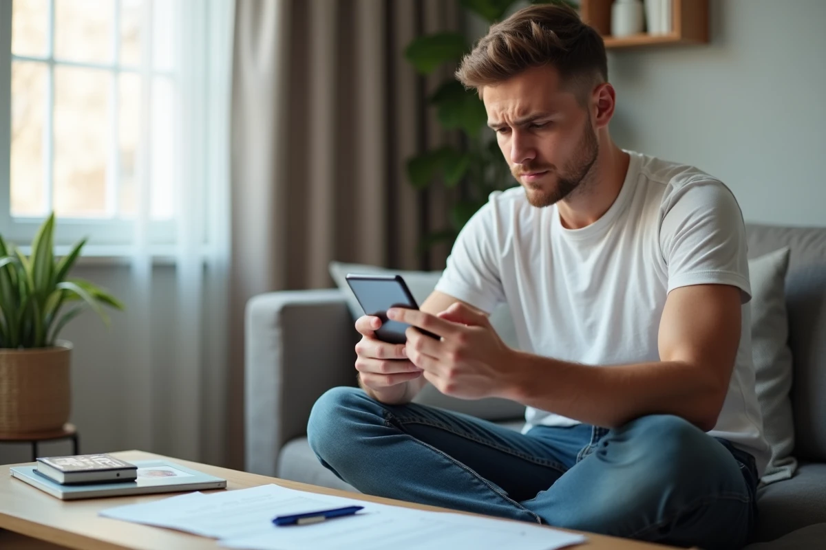 Jeune homme sur son canapé consultant l'application France Travail sur smartphone pour renouveler son inscription