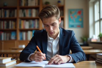 Jeune homme en blazer blanc étudiant SaintCyr dans un bureau lumineux
