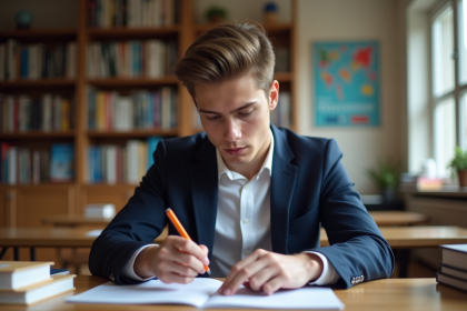 Jeune homme en blazer blanc étudiant SaintCyr dans un bureau lumineux
