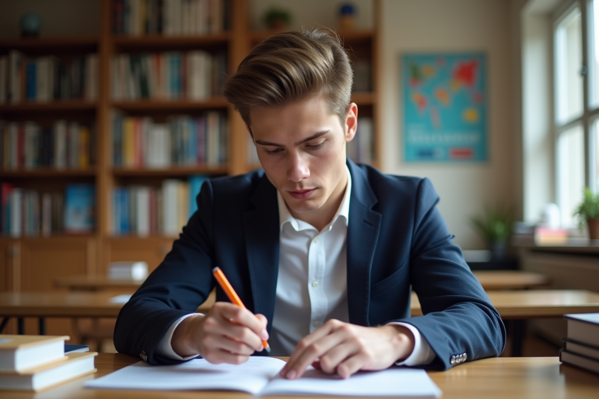 Jeune homme en blazer blanc étudiant SaintCyr dans un bureau lumineux
