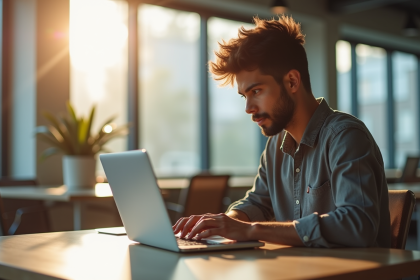 Jeune professionnel utilisant un ordinateur dans un espace de coworking lumineux