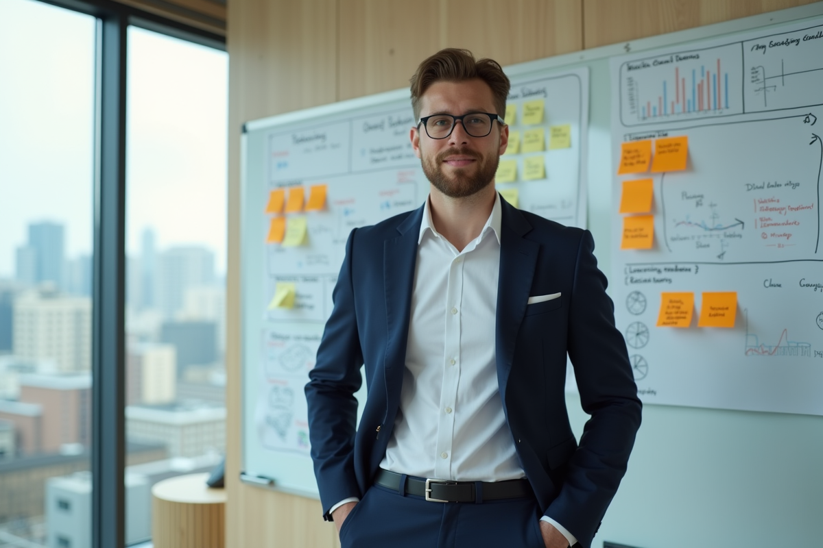 Jeune homme en costume devant un tableau de formation
