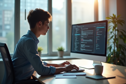 Jeune professionnel travaillant sur un bureau lumineux avec code R