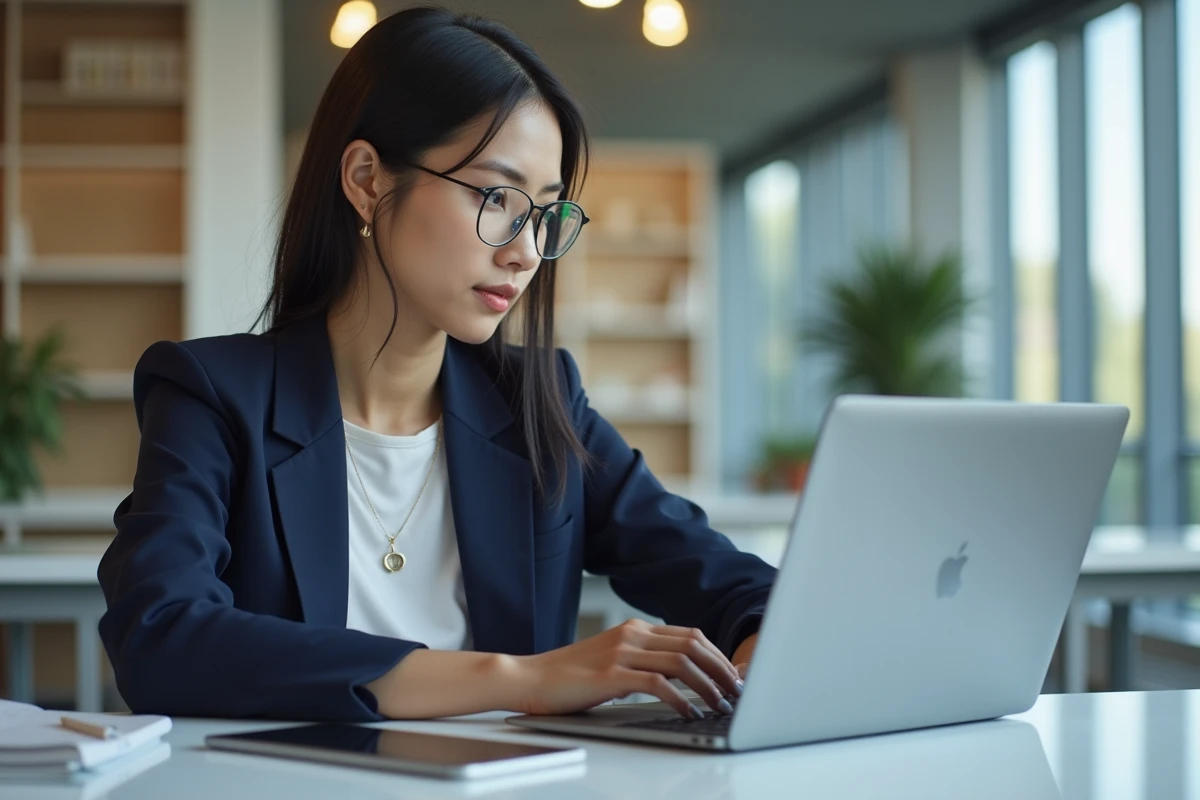 Jeune femme professionnelle concentrée sur son ordinateur dans un centre d'apprentissage