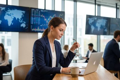 Jeune femme professionnelle en bureau moderne avec écrans et cartes