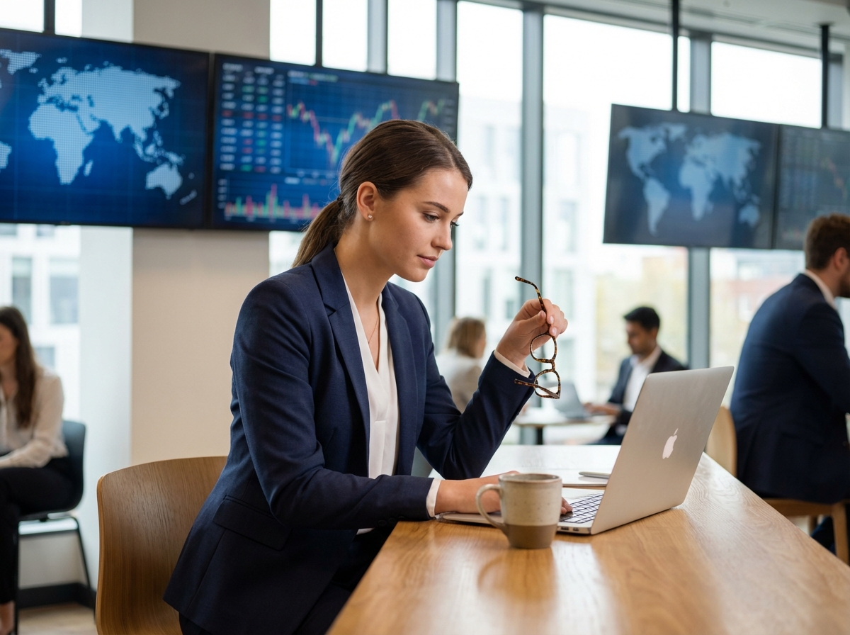 Jeune femme professionnelle en bureau moderne avec écrans et cartes