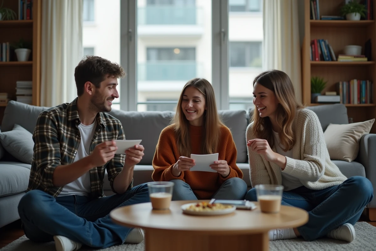 Groupe de jeunes adultes jouant à un quiz de culture générale assis par terre dans un salon moderne