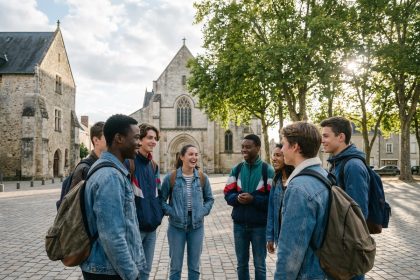 Groupe de jeunes français devant un bâtiment historique