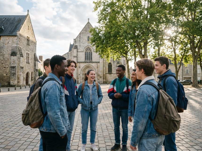 Groupe de jeunes français devant un bâtiment historique