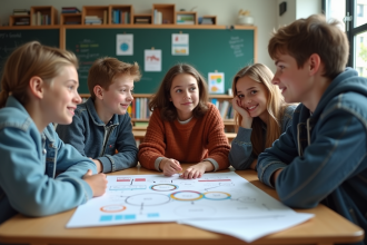 Groupe d'adolescents en classe travaillant sur un projet