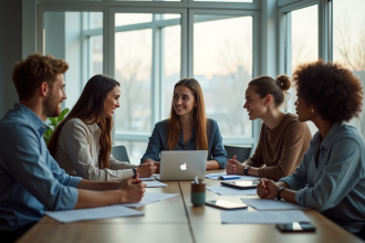 Groupe de stagiaires jeunes en mentorat dans un bureau lumineux