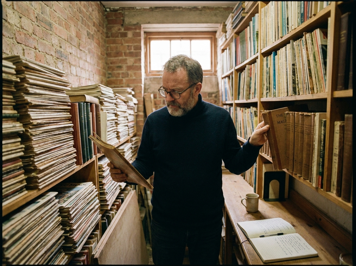 Journaliste expérimenté consultant des archives de magazines dans une salle d'archivage éditoriale aux murs en brique