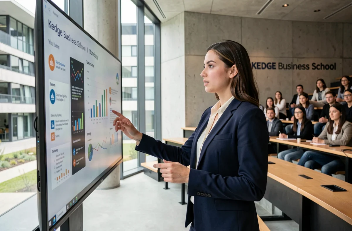 Étudiante présentant une stratégie commerciale dans un amphithéâtre moderne de KEDGE Business School Bordeaux