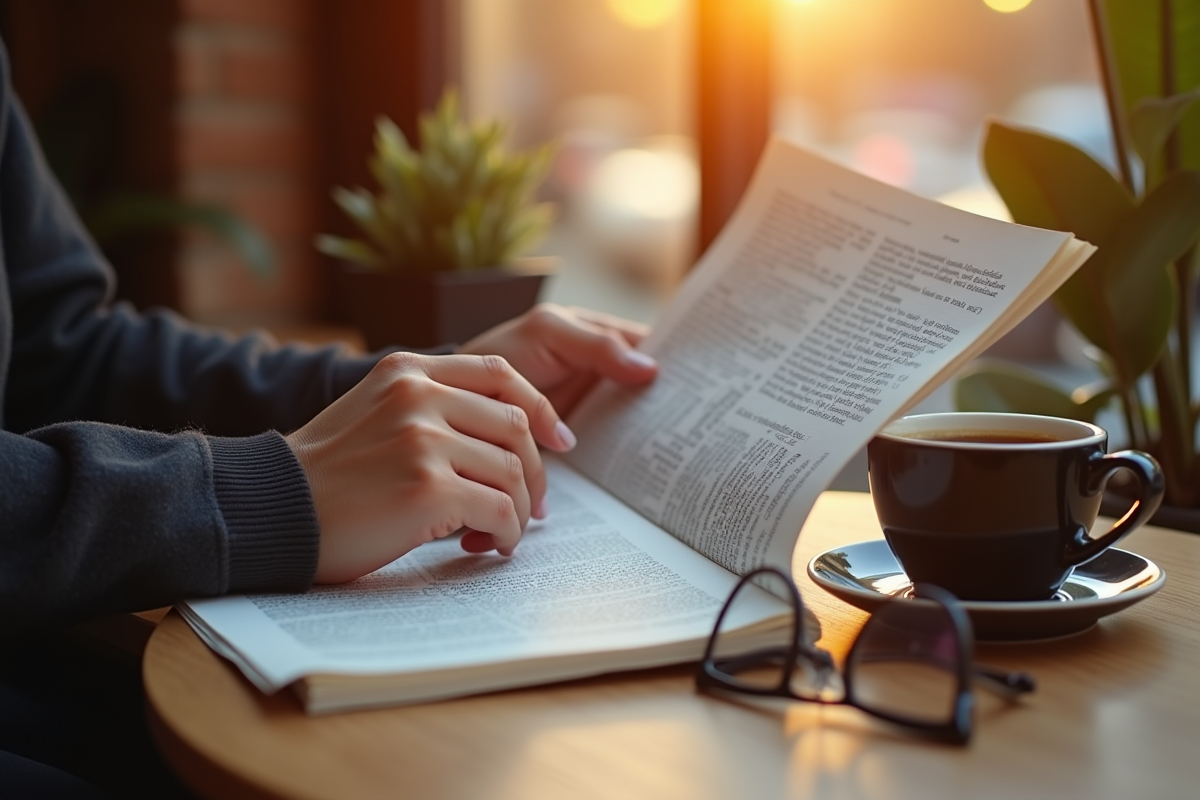 Personne lisant un article imprimé dans un café ensoleillé avec tasse de café et lunettes à côté