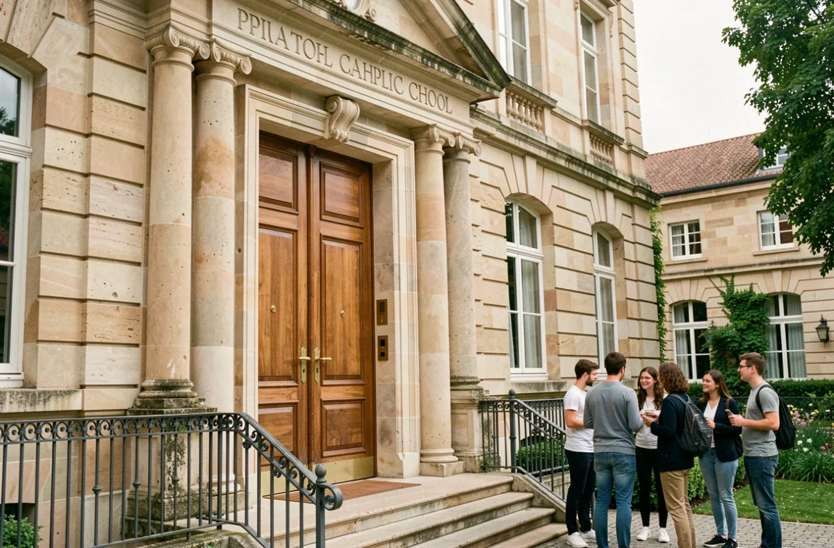 Façade imposante du lycée privé Le Caousou à Toulouse avec élèves devant l'entrée principale