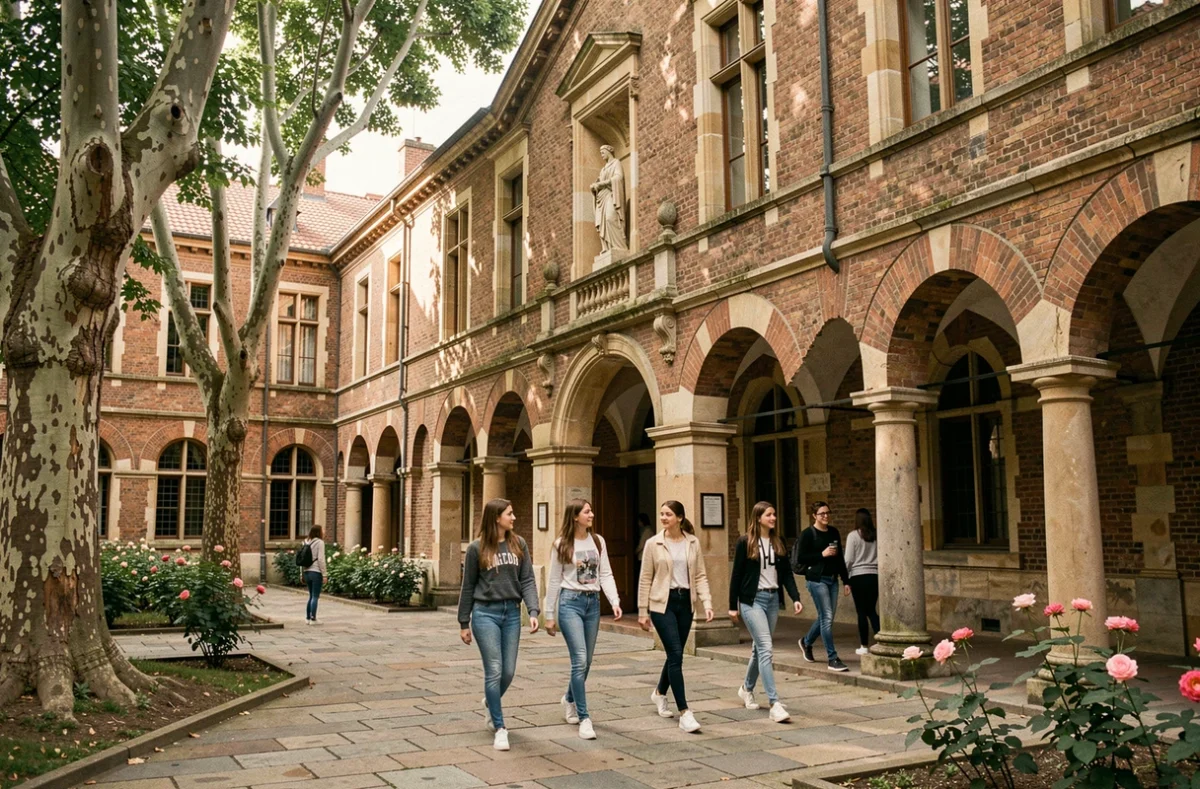 Couloir à arcades du lycée privé Emilie de Rodat à Toulouse avec élèves marchant en discussion