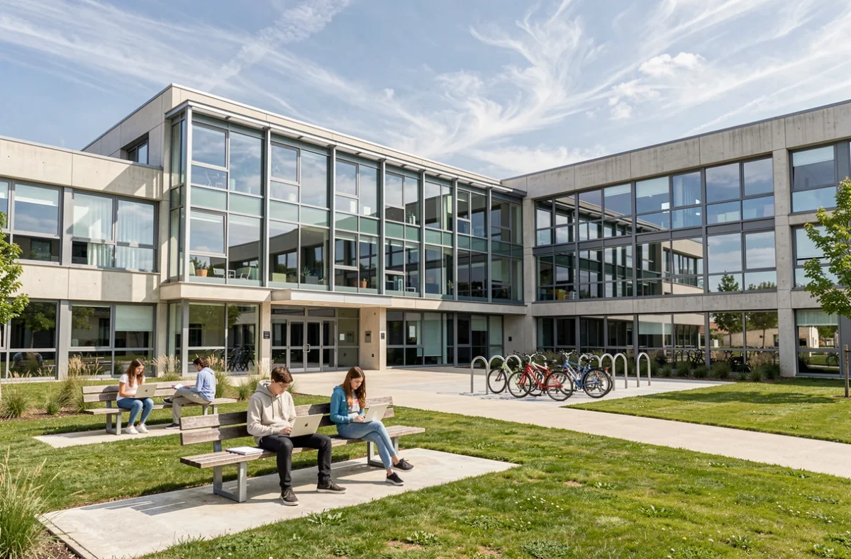 Campus moderne du lycée privé Le Ferradou à Blagnac avec espaces verts et élèves en extérieur