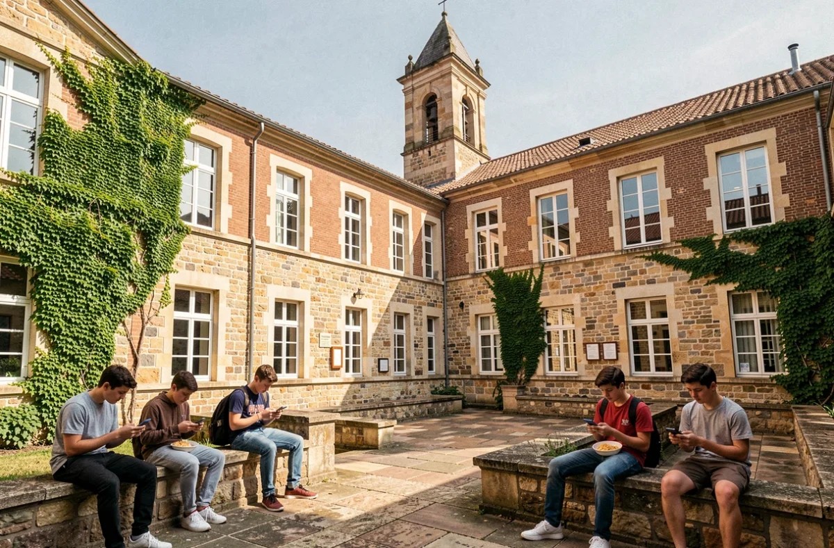 Cour intérieure ensoleillée du lycée privé Saint-Joseph à Toulouse avec clocher visible en arrière-plan
