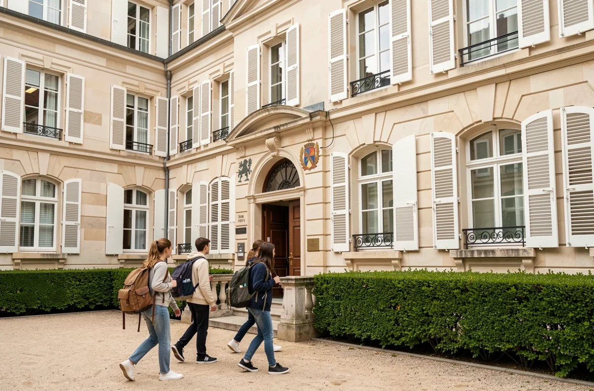 Cour et façade du lycée privé Sainte-Marie des Champs à Toulouse avec élèves traversant la cour