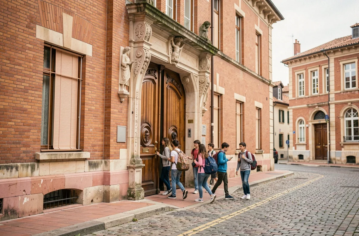 Portail en bois sculpté du lycée privé Sainte-Marie de Nevers à Toulouse avec élèves à la sortie