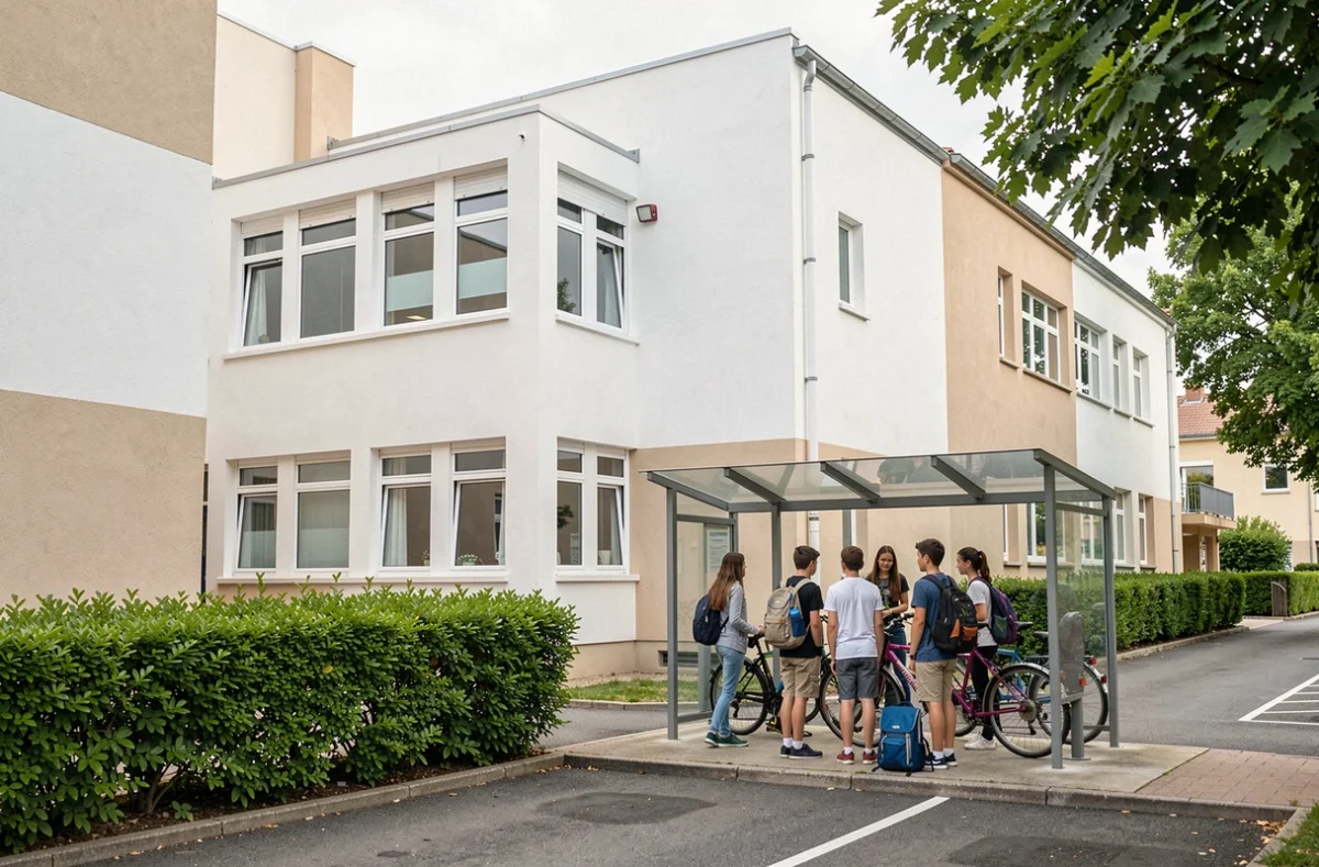Extérieur du lycée privé Saliège à Balma avec élèves et environnement résidentiel verdoyant